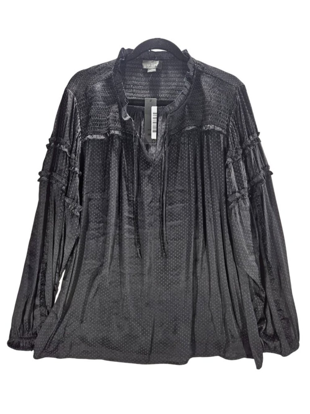 Belldini Los Angeles NWT, black polka dot long-sleeve peasant blouse, ruffles